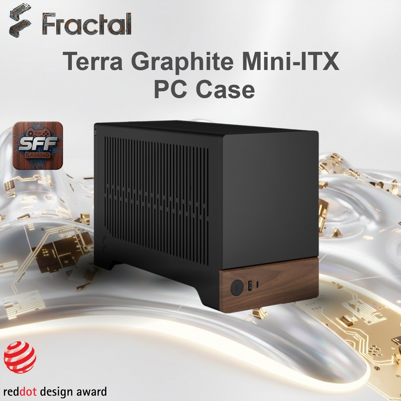 FD-C-TER1N-01 FRACTAL DESIGN TERRA GRAPHITE MINI ITX USB 3.2 CASE Fractal Terra Graphite Mini-ITX Case With Solid Walnut Front, 8mm Aluminum Panel, PCIe 4.0 Riser, Adjustable Spine, 322mm GPU Support, SFX PSU, Dual SSD Mounts ~ FD-C-TER1N-01